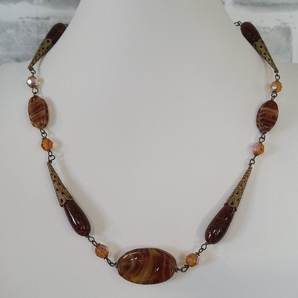 Vintage Czech Art Glass Beads Necklace Copper Fluss Rootbeer Brown Barrel Clasp